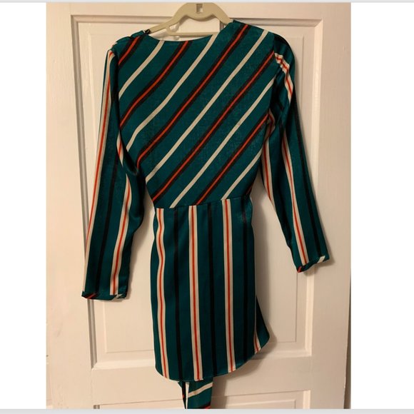 Zara Silk Green Red Striped Wrap Romper | Sz M - Picture 6 of 6